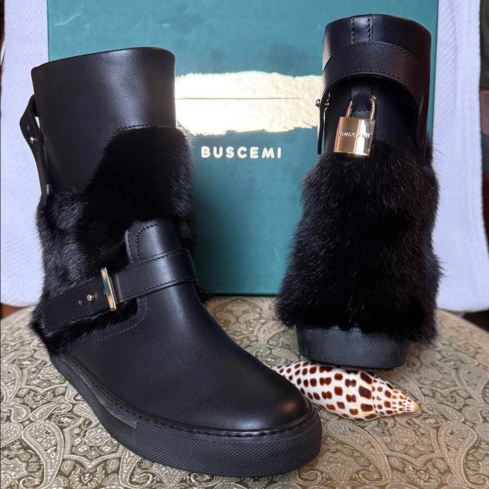 Buscemi Real Fur Accents Ankle Boots with Gold Buckle & Padlock on Rear